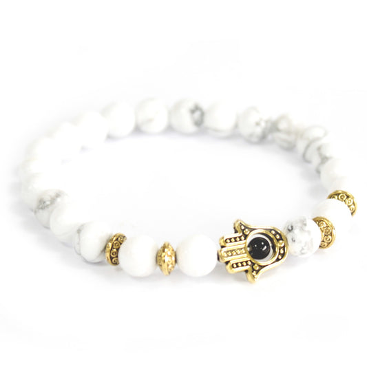 Gold Hamsa and White Stone Gemstone Bracelet