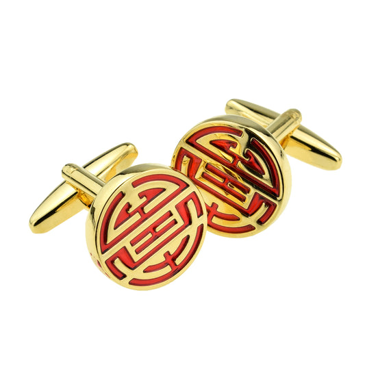 Gold Plated and Red Chinese Longevity Symbol Museum Cufflinks | Ashton and Finch