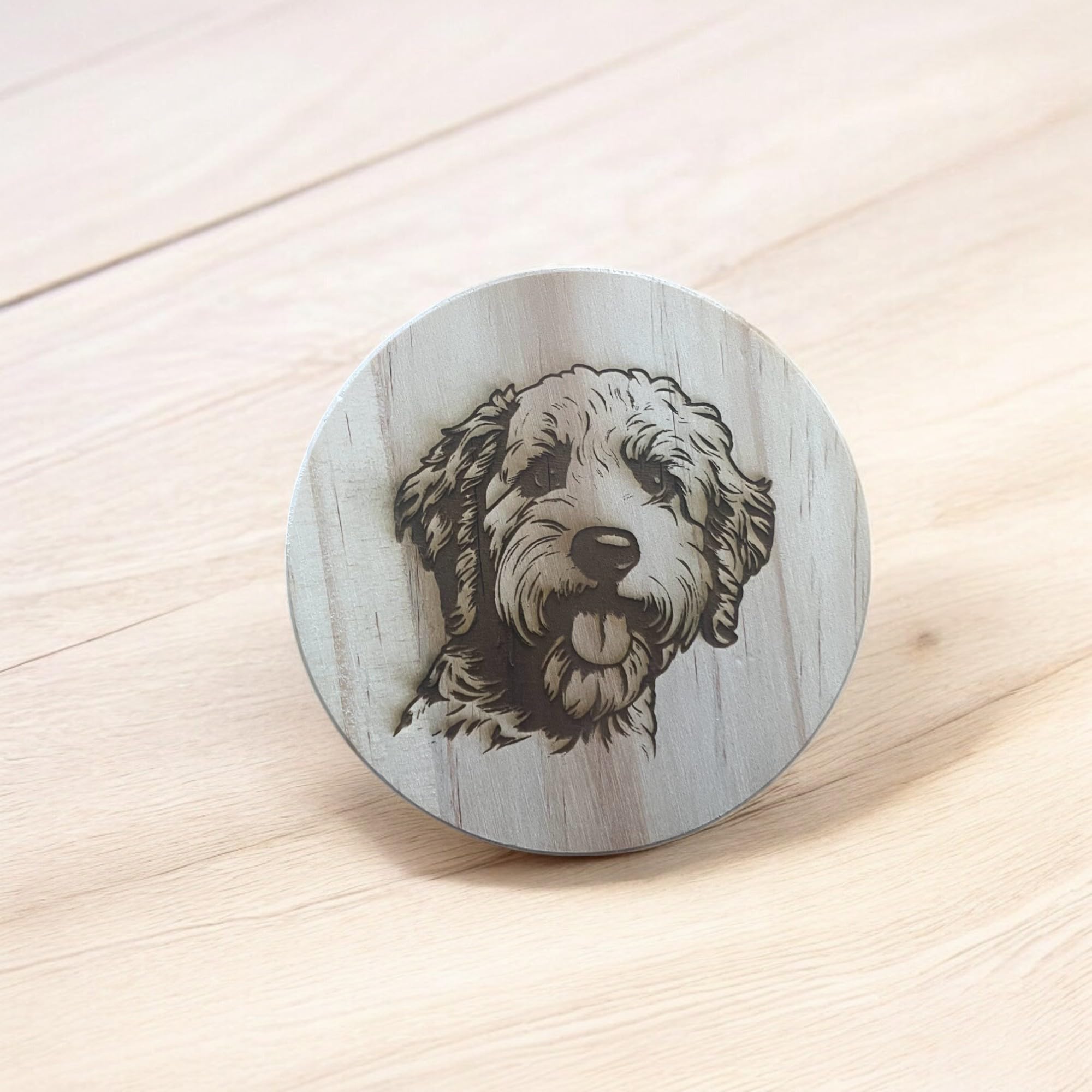 Labradoodle Coaster Round Wooden Coaster with Engraved Dog Design