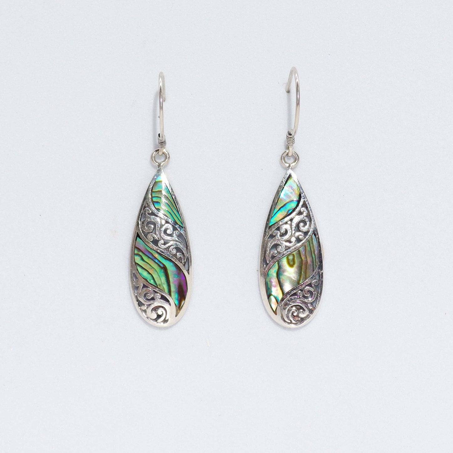 Long Teardrop Abalone Earrings with Shell and Silver Design