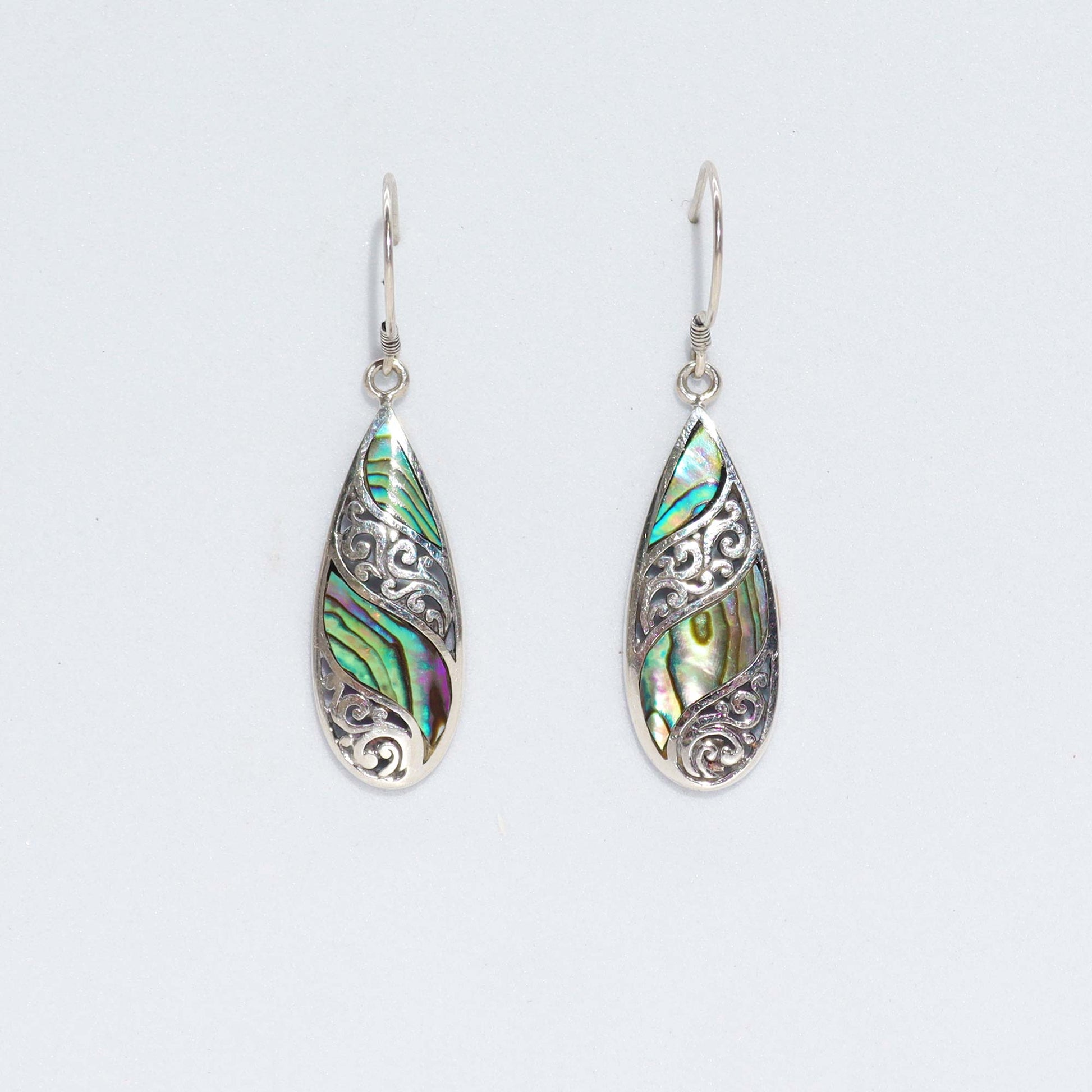 Long Teardrop Abalone Earrings with Shell and Silver Design