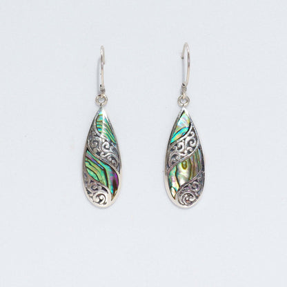 Long Teardrop Abalone Earrings with Shell and Silver Design