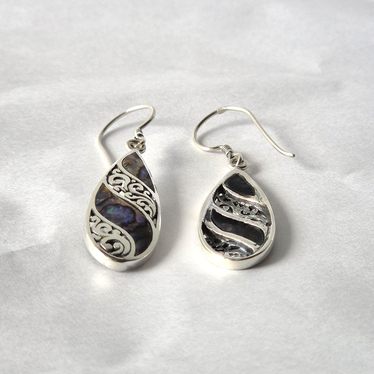 Long Teardrop Abalone Earrings with Shell and Silver Design