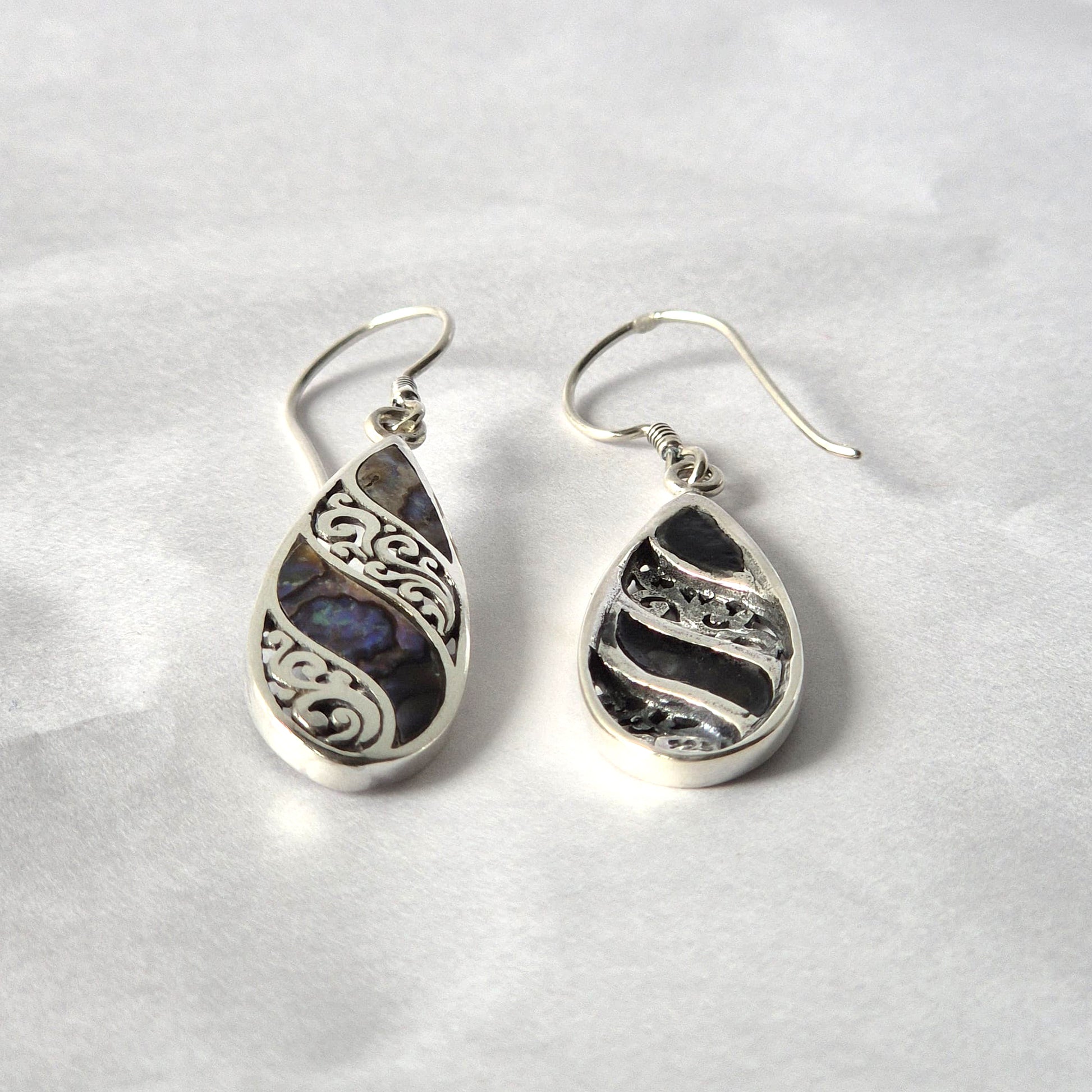 Long Teardrop Abalone Earrings with Shell and Silver Design