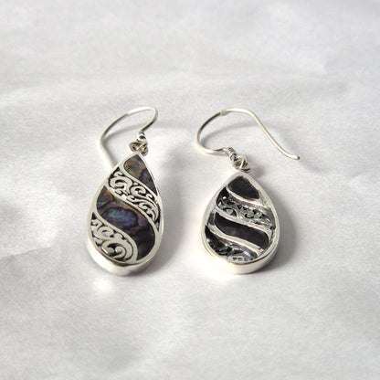 Long Teardrop Abalone Earrings with Shell and Silver Design