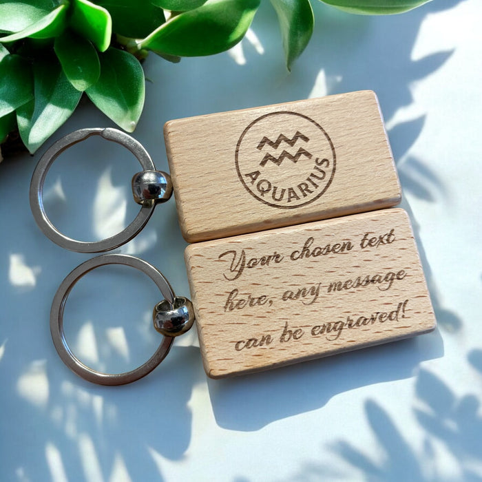 Personalised Wooden Aquarius Zodiac Keyring Gift  | Ashton and Finch