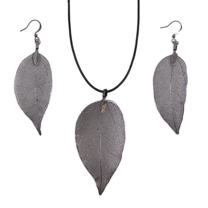 Pewter Bravery Leaf Necklace and Earring Set