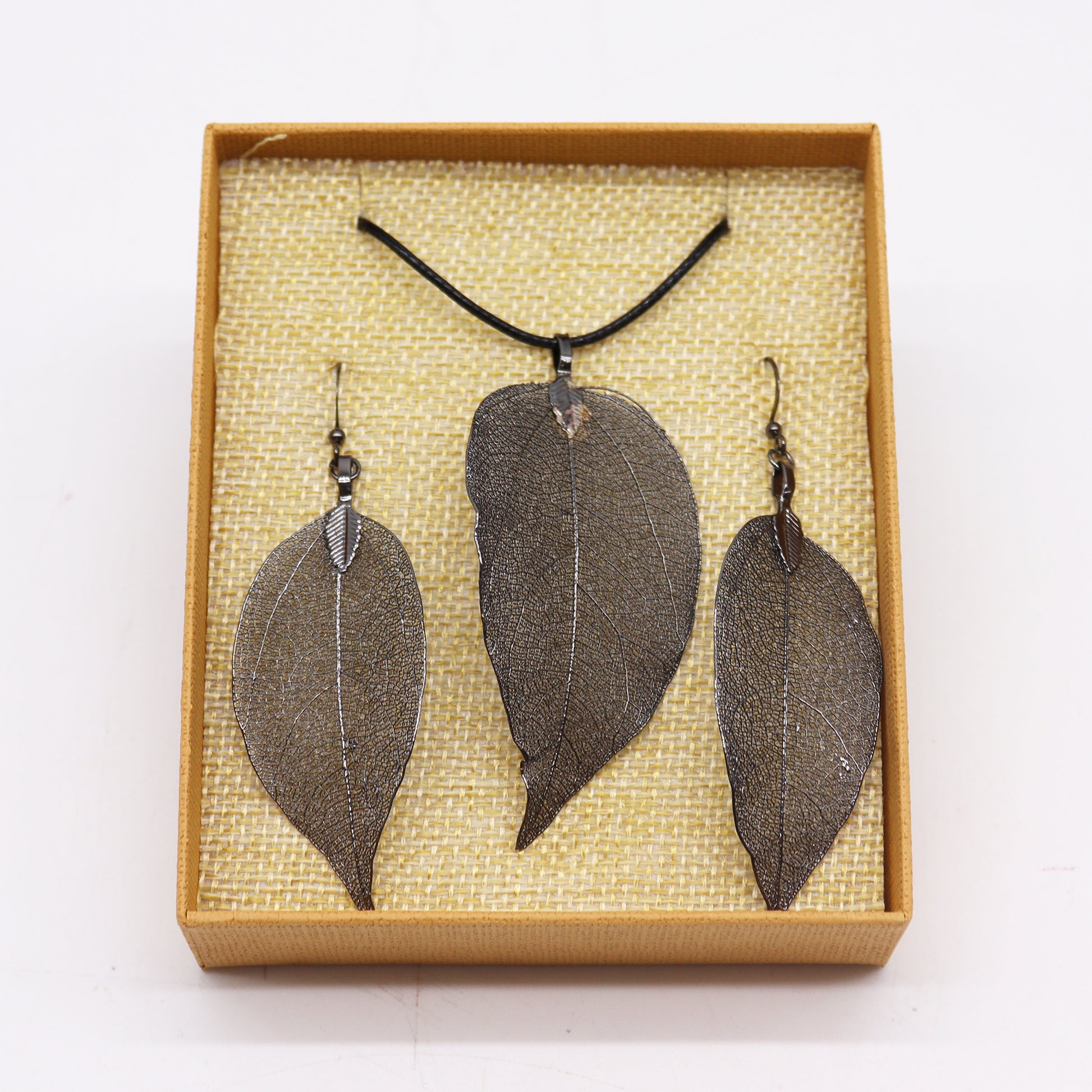 Pewter Bravery Leaf Necklace and Earring Set