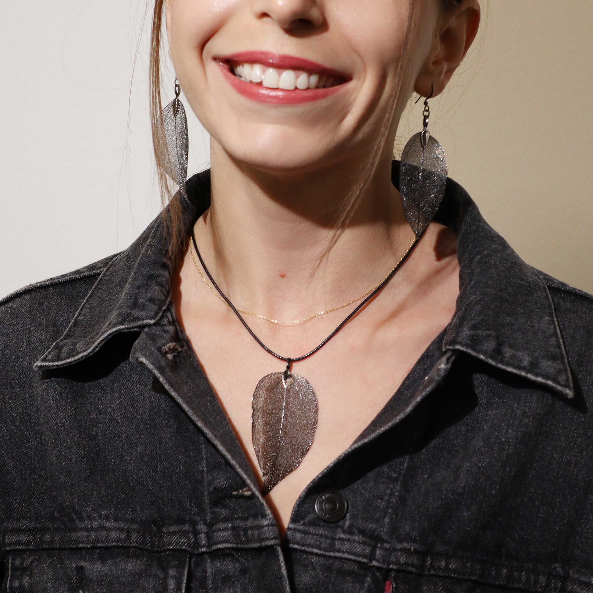 Pewter Bravery Leaf Necklace and Earring Set