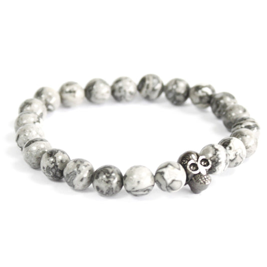 Pewter Skull and Grey Agate Gemstone Bracelet