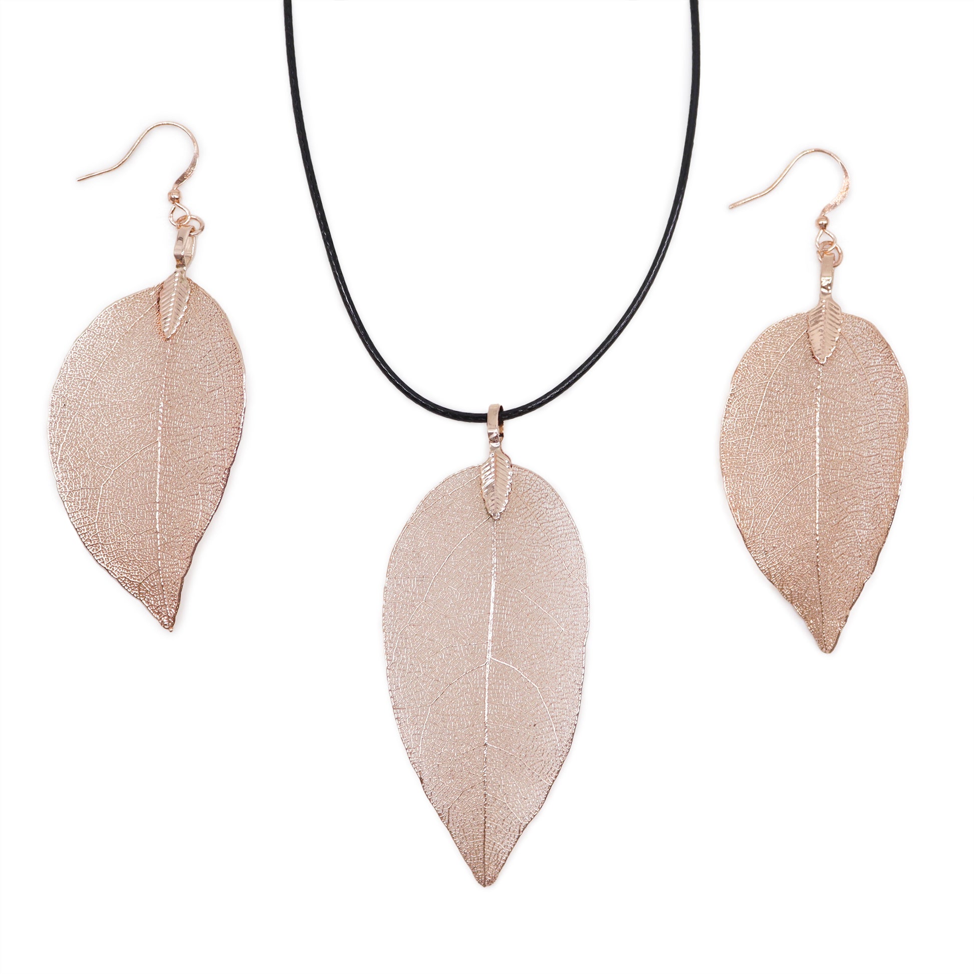 Pink Gold Bravery Leaf Necklace and Earring Set