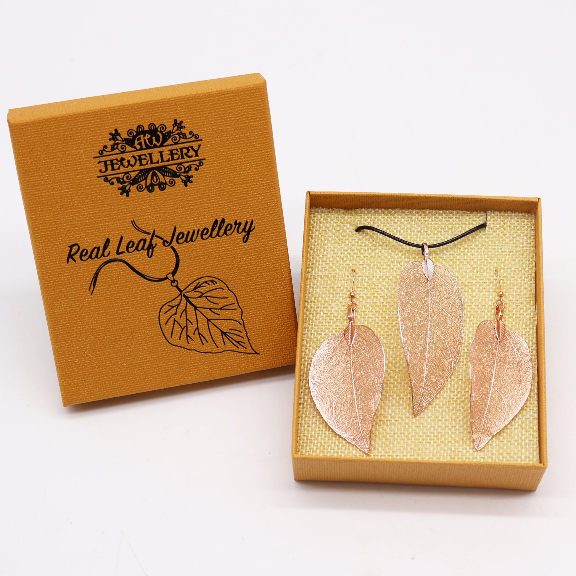 Pink Gold Bravery Leaf Necklace and Earring Set