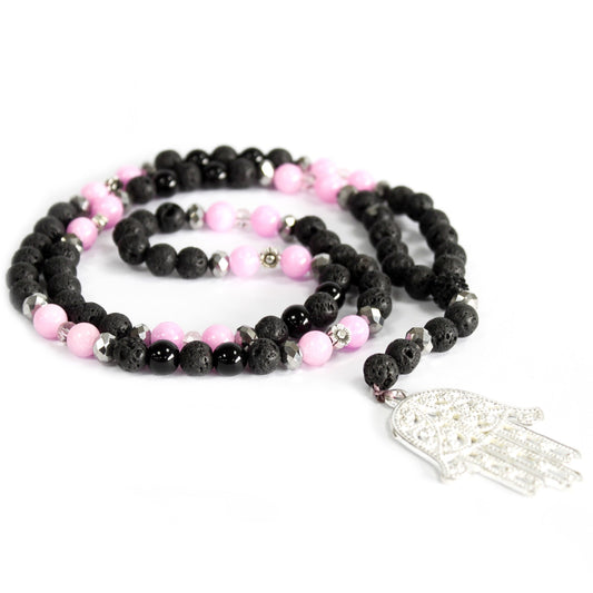 Pink and Black Hamsa Gemstone Necklace