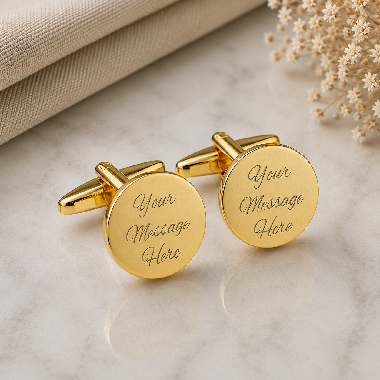 Plain Gold Round Wedding Cufflinks Engravable
