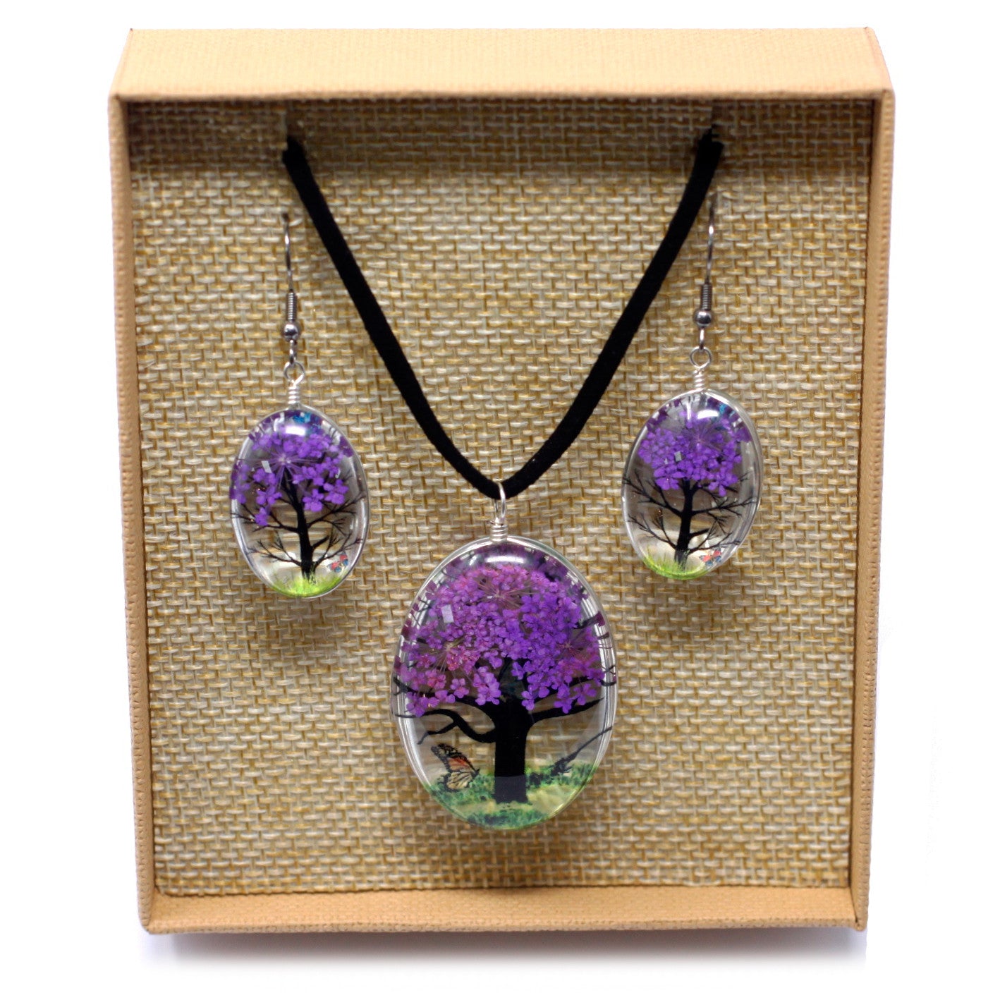 Pressed Flowers Tree of Life Necklace and Earring Set - Lavender