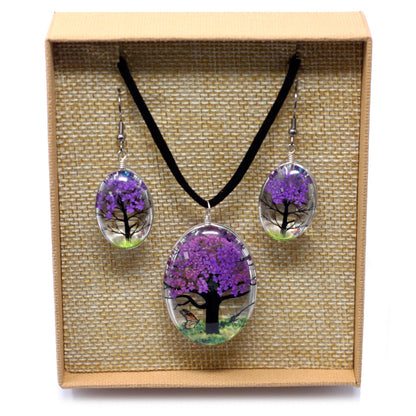 Pressed Flowers Tree of Life Necklace and Earring Set - Lavender