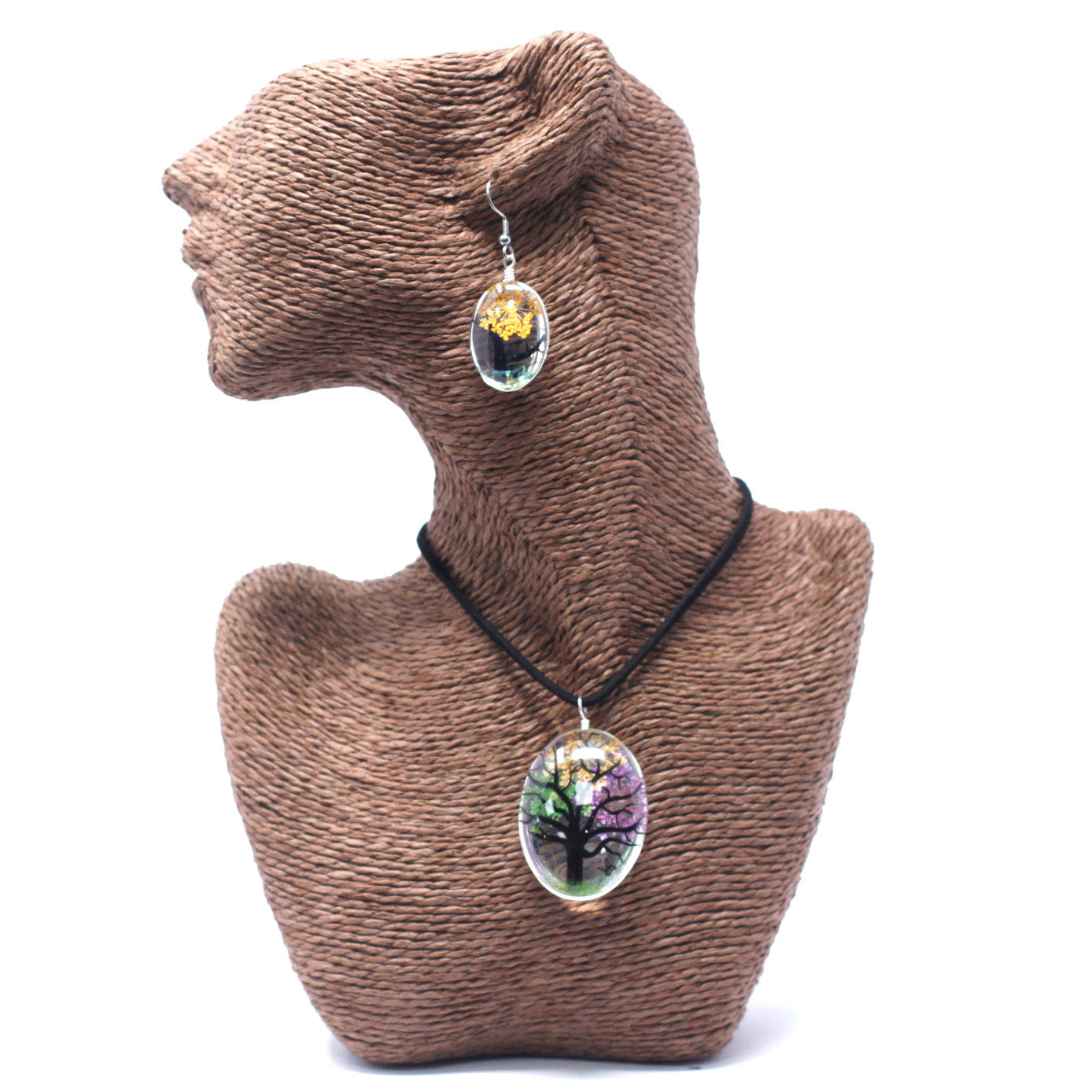 Pressed Flowers Tree of Life Necklace and Earring Set - Mixed Colours