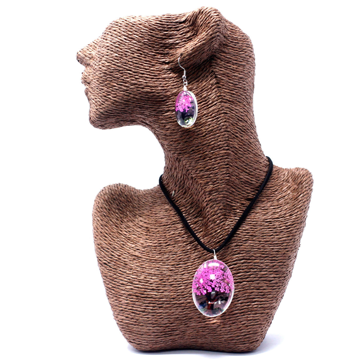 Pressed Flowers Tree of Life Necklace and Earring Set - Bright Pink