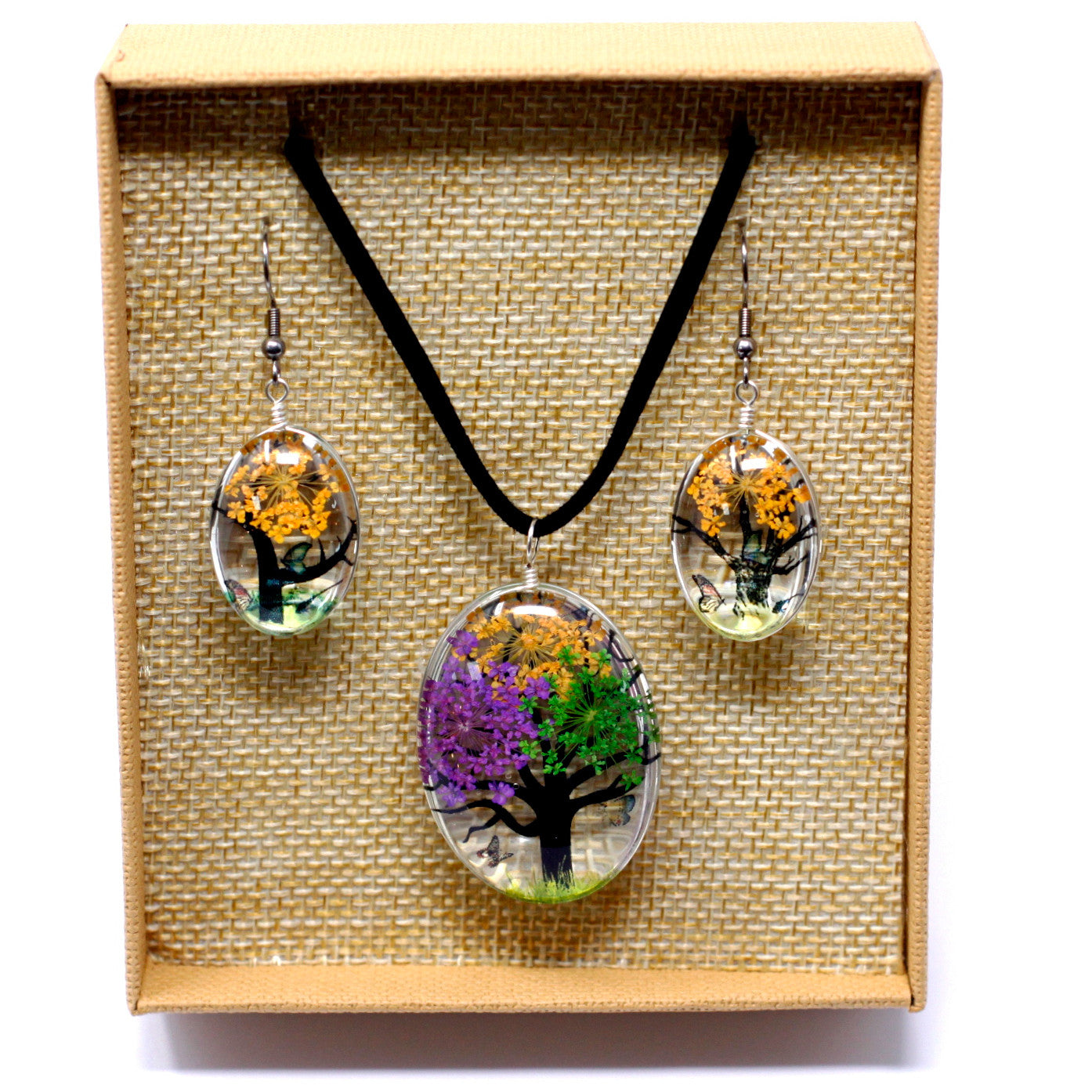 Pressed Flowers Tree of Life Necklace and Earring Set - Mixed Colours