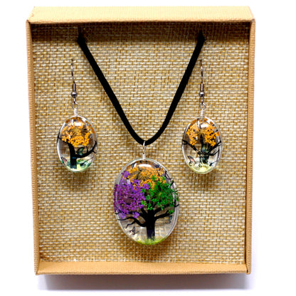 Pressed Flowers Tree of Life Necklace and Earring Set - Mixed Colours