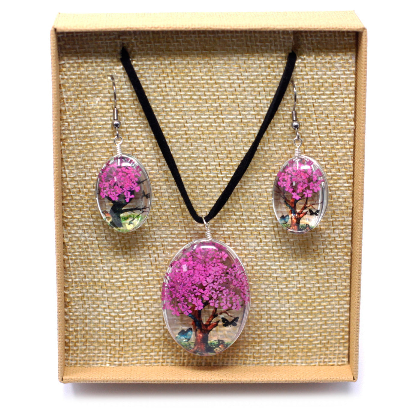 Pressed Flowers Tree of Life Necklace and Earring Set - Bright Pink
