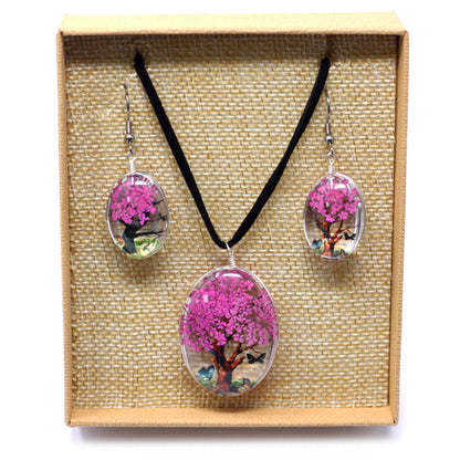 Pressed Flowers Tree of Life Necklace and Earring Set - Bright Pink
