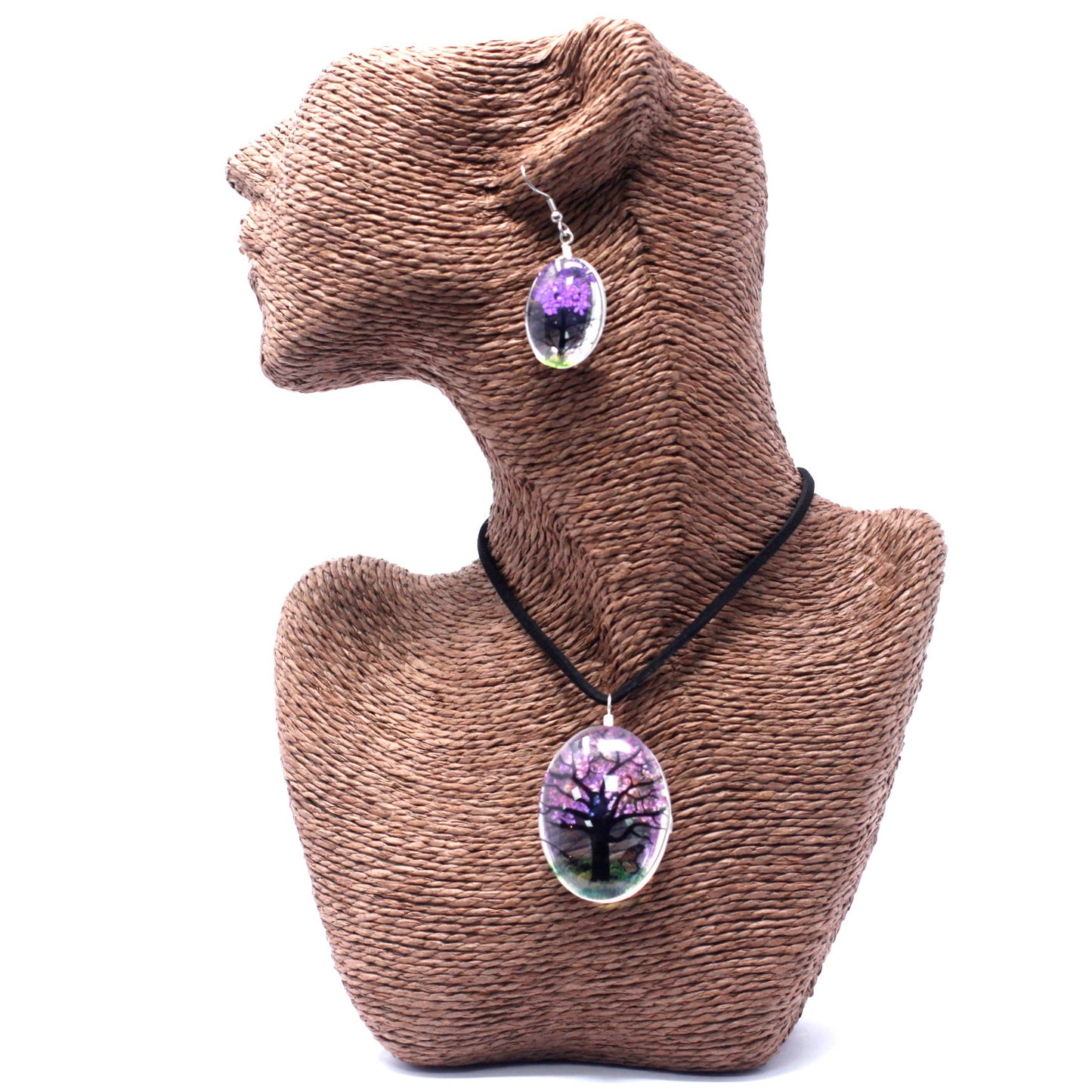 Pressed Flowers Tree of Life Necklace and Earring Set - Lavender