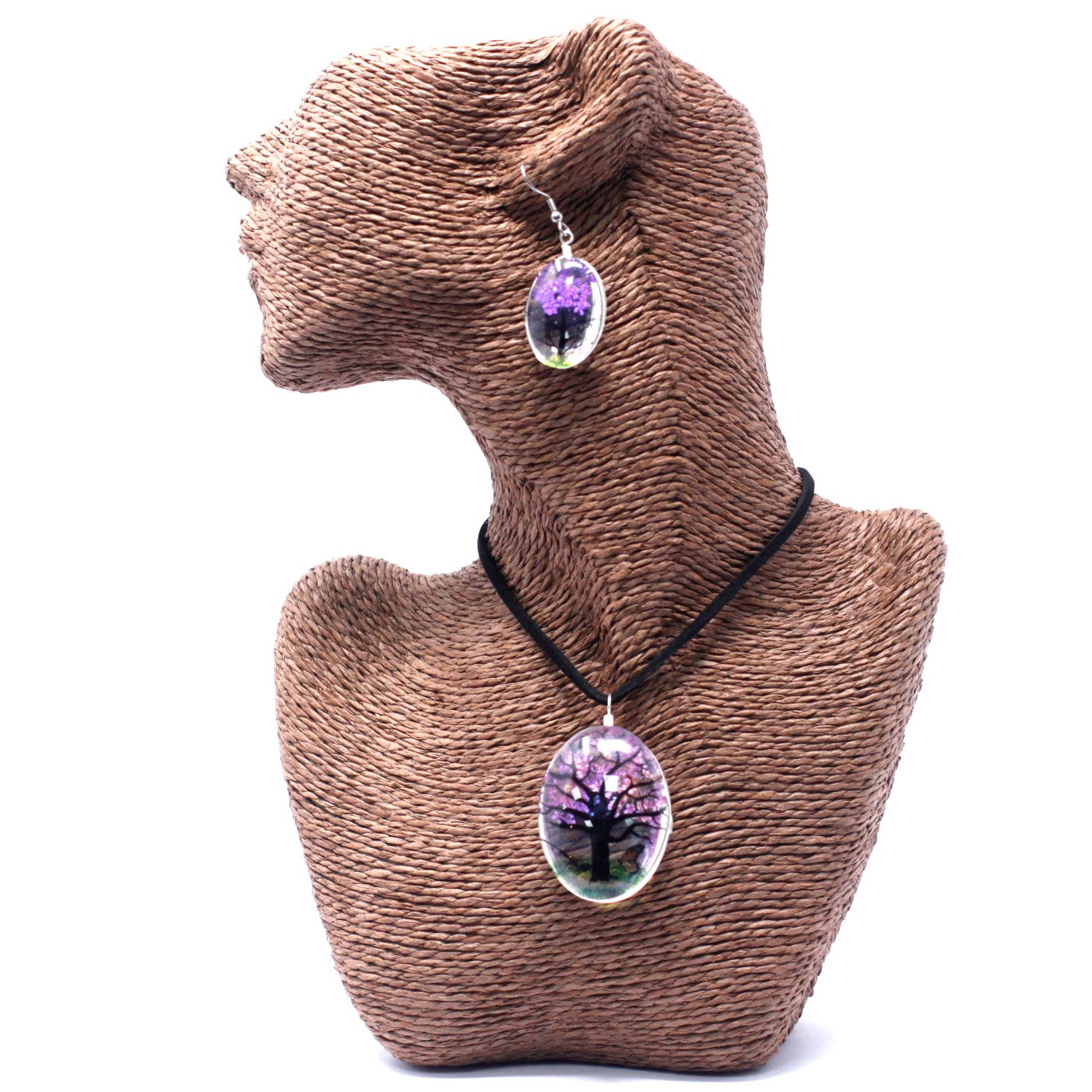 Pressed Flowers Tree of Life Necklace and Earring Set - Lavender