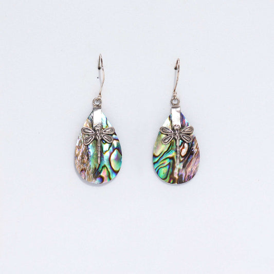 Shell and Silver Dragonfly Earrings - Abalone
