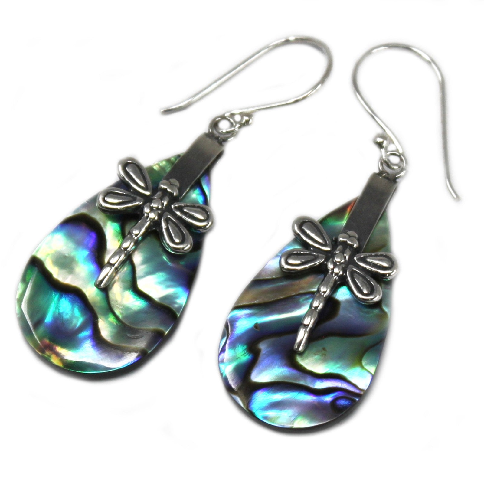 Shell and Silver Dragonfly Earrings - Abalone