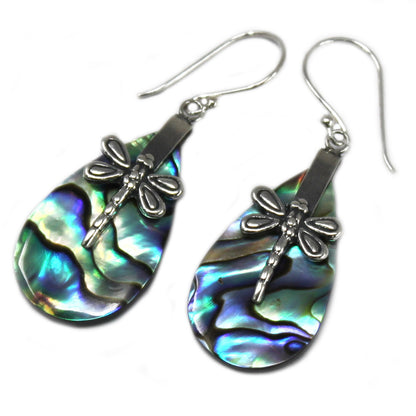 Shell and Silver Dragonfly Earrings - Abalone