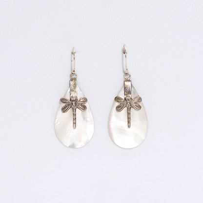 Shell and Silver Dragonfly Earrings - Mother of Pearl