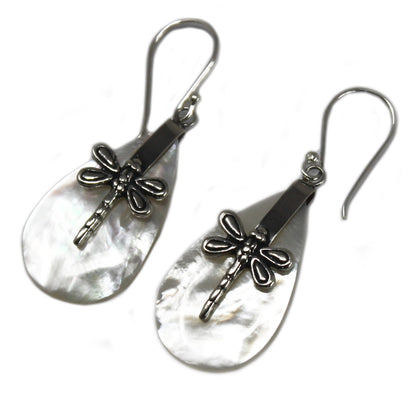 Shell and Silver Dragonfly Earrings - Mother of Pearl