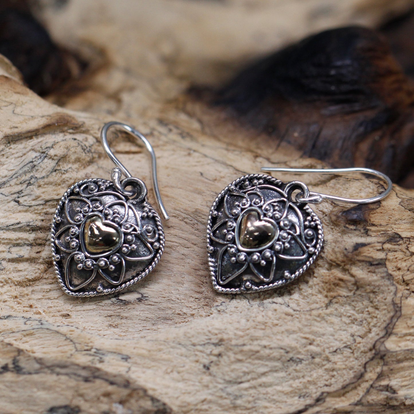 Silver and Gold Mandala Hearts Earrings