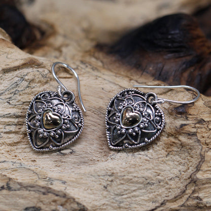 Silver and Gold Mandala Hearts Earrings