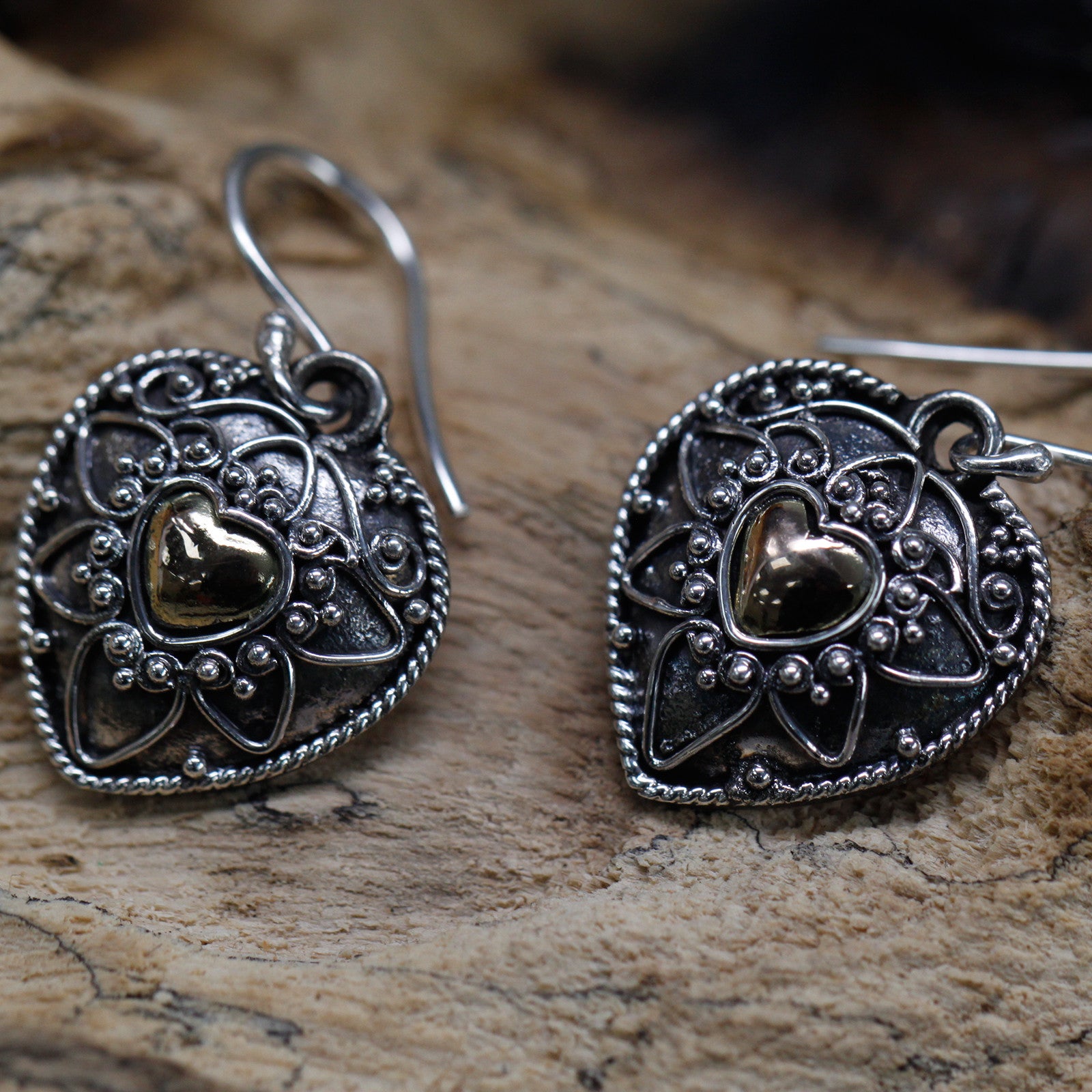 Silver and Gold Mandala Hearts Earrings