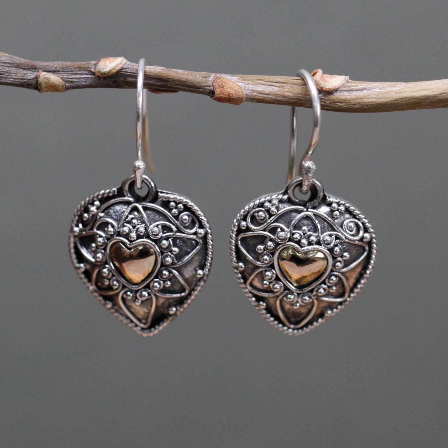 Silver and Gold Mandala Hearts Earrings