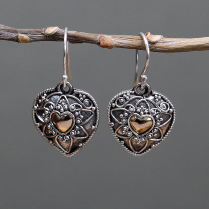 Silver and Gold Mandala Hearts Earrings