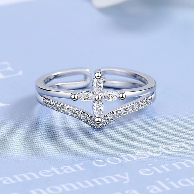 Silver Petal Flower Adjustable Zirconia Ring | Ashton and Finch