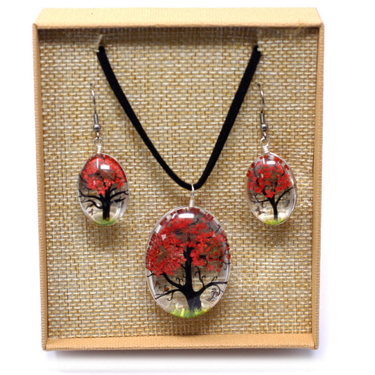 Pressed Flowers Tree of Life Necklace and Earring Set - Coral