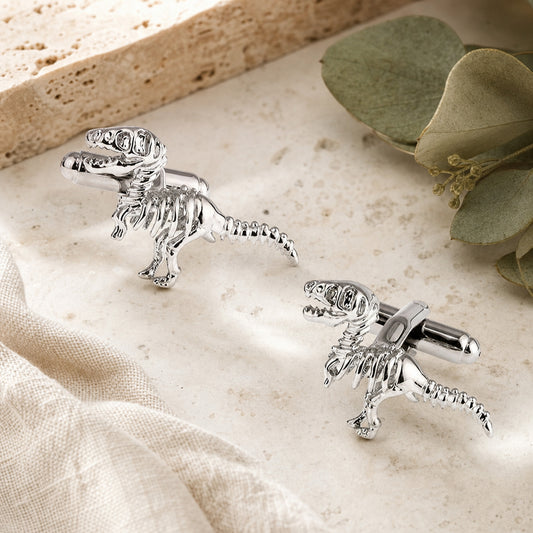 T-Rex Skeleton Cufflinks in a themed setting