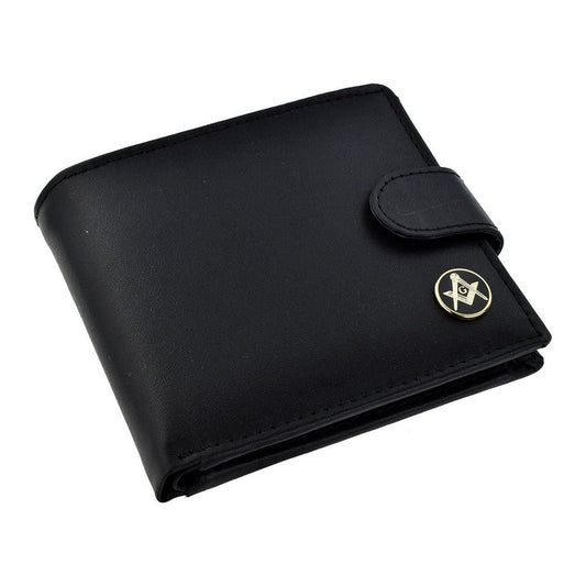 Black Leather Wallet with Black Masonic Coin Design (Gold with G)  | Ashton and Finch