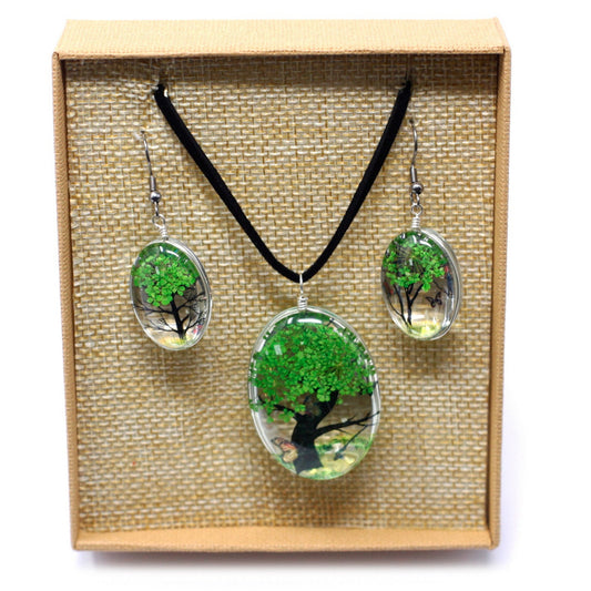 Pressed Flowers Tree of Life Necklace and Earring Set - Green