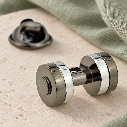 2 Tone Dumbell Lapel Pin Badge 1 in a muted gift setting