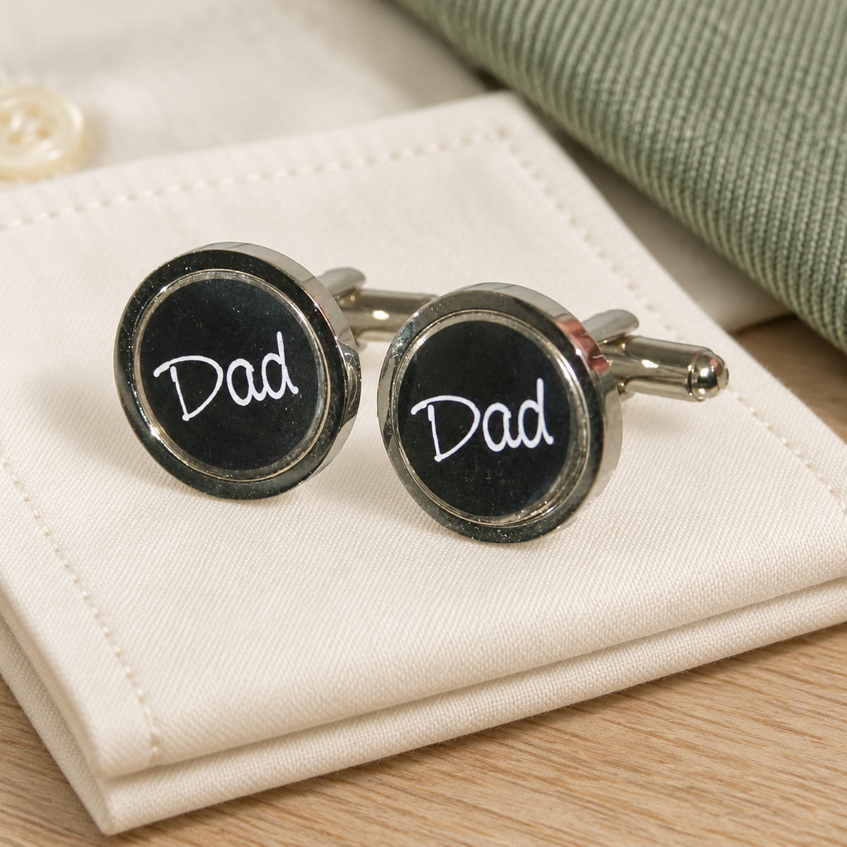 Black Round Dad Cufflinks in a muted gift setting