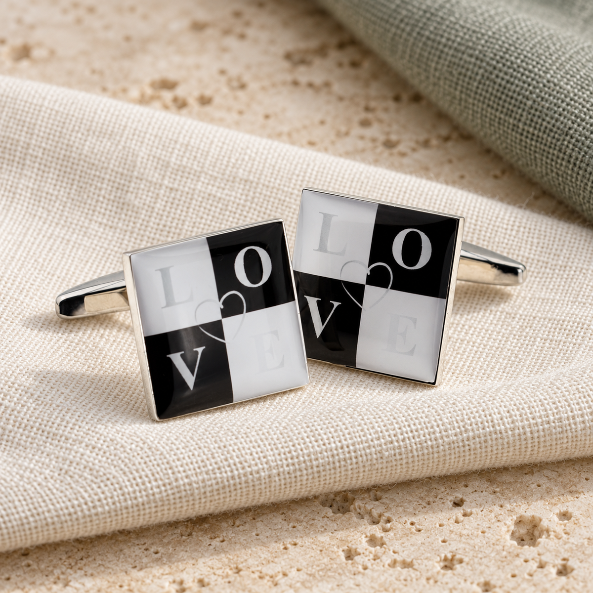 Black White Love Design Cufflinks in a muted gift setting
