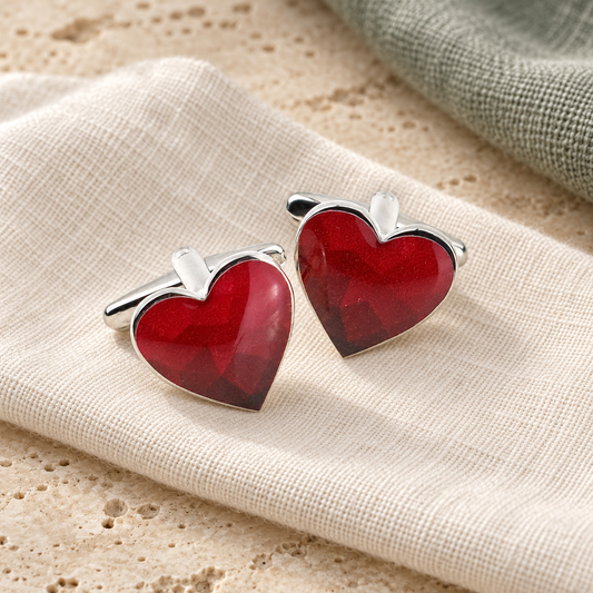 Geometric Design Red Heart Cufflinks in a muted gift setting