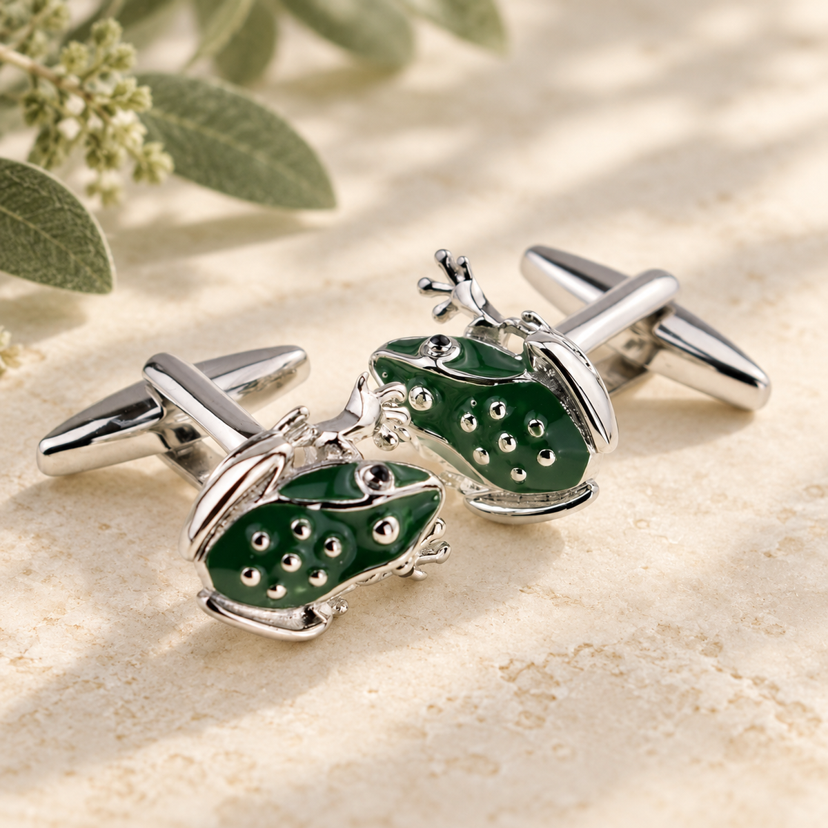 Green Frog Cufflinks in a muted gift setting