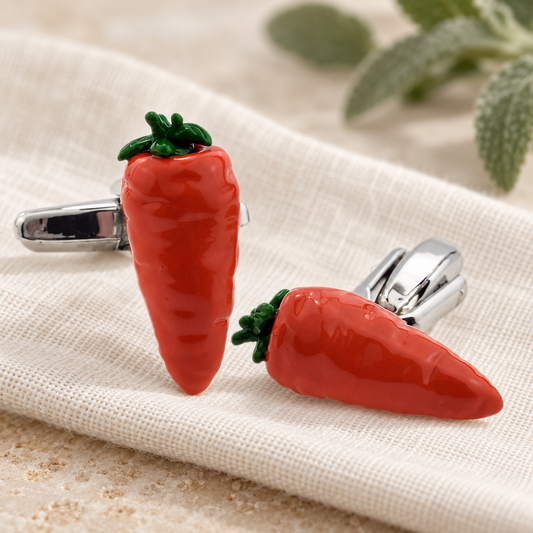 Orange Carrot Design Cufflinks in a muted gift setting