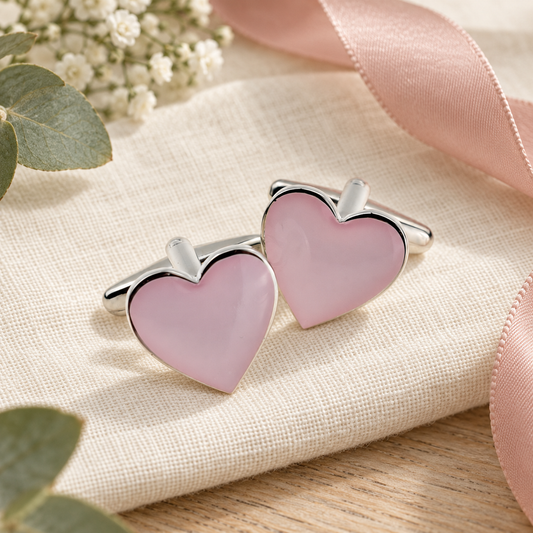 Pale Pink Love Hearts Cufflinks in a muted gift setting